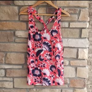 J. Crew Hibiscus Floral Coral Navy Top z 6 NWOT